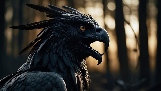 Black crow, black eagle in a mysterious forest shrouded in mist.