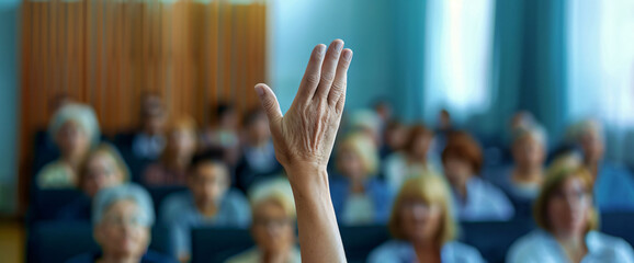 The hand of one person was raised in the audience while listening to an interview at a business...