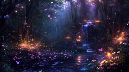 Fototapeta premium An enchanted forest at night, with glowing flowers, a sparkling river, and mystical creatures lurking in the shadows. Resplendent.