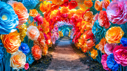 Vivid Paper Flower Tunnel in Rainbow Hues.