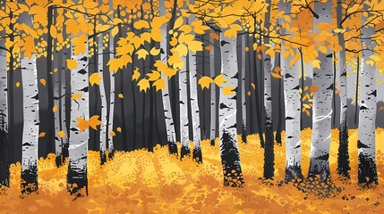 birch forest with yellow leaves in autumn illustration poster background 
