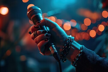 Close-up at a singer hand is holding a microphone with background of bokeh lighting sphere.