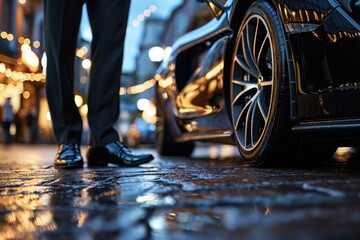 Close-up at a smart businessman feet in formal uniform which is standing in front of a supercar, successful businessman concept.