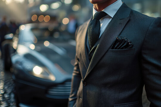 A rich guy in formal business suit which is standing in front of a supercar, successful businessman concept.
