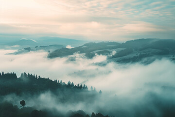 Mist-covered landscapes subtly change in ethereal hues.