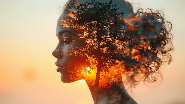 Enigmatic Fusion: Human Silhouette and Setting Sun Merge with Nature