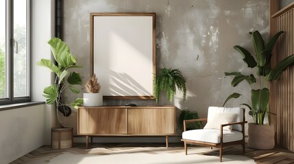 Mockup frame in living room interior with chair and decor,Scandinavian style.3d rendering, Mock up poster frame on cabinet in interior.3d rendering, Mock up poster frame in modern Ai generated 