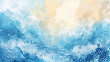 Abstract blue watercolor background with waves and clouds