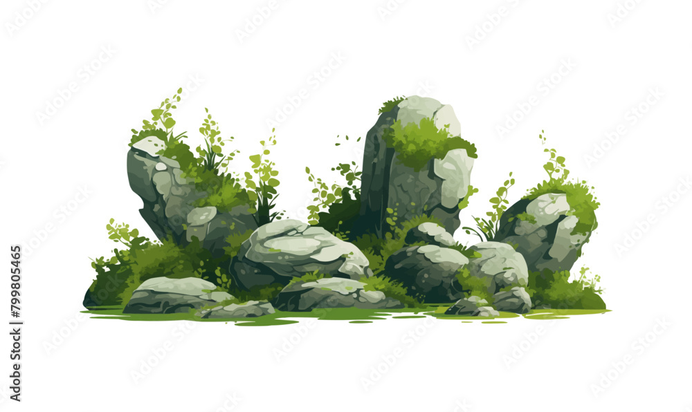 Poster rocks with moss isolated vector style with transparent background illustration