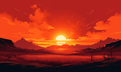 fiery sunset over a prairie vector simple 3d smooth isolated illustration -