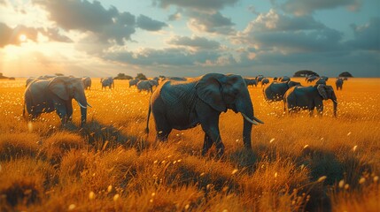 Many African elephants throughout the Savannah field. Generative AI.