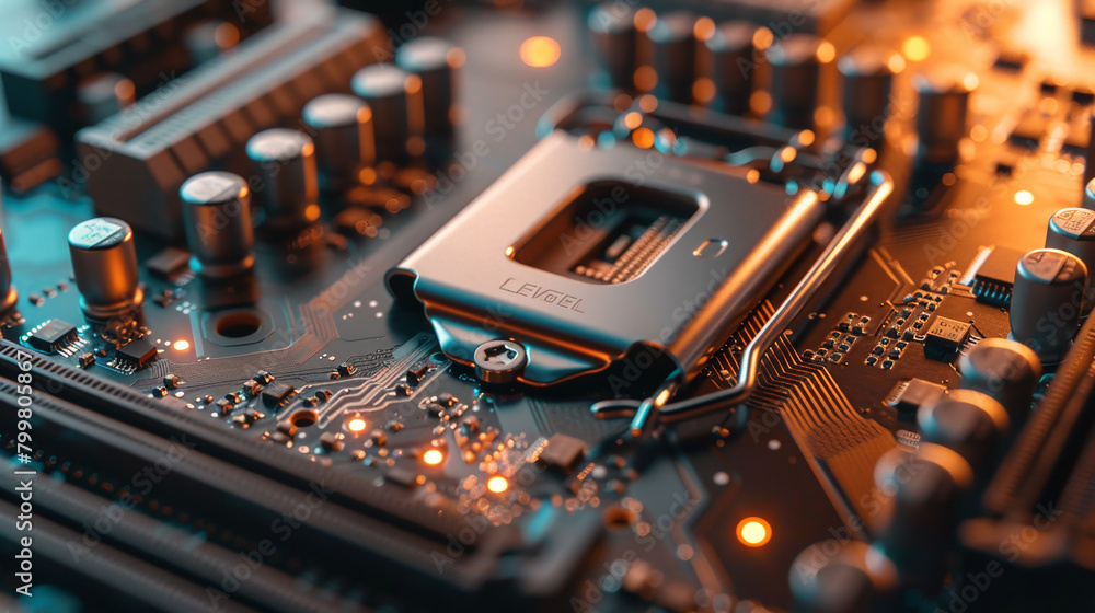 Poster close-up of electronic circuit board with processor. technology background. ai.