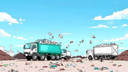 Overflowing Landfill Overwhelmed by Discarded Plastic Waste and Garbage Trucks Unloading