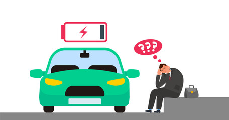sad upset sitting man and low battery electric car vector illustration