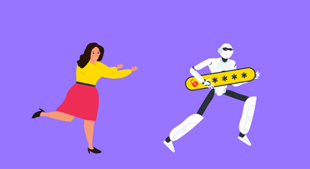 woman chases a robot hacker thief stealing password cyber security problem vector illustration
