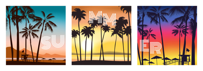 summer sunset on the beach palm trees  lifeguard tower umbrellas ocean sea  square banners set vector illustration