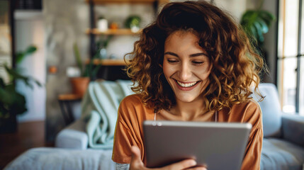 Smiling young woman using digital tablet while sitting on sofa at home. AI.