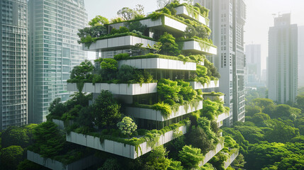 Green city concept with skyscrapers and green trees. Mixed media. AI. - obrazy, fototapety, plakaty