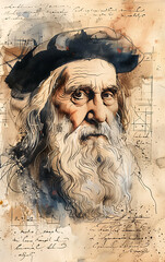 Artistic rendering of leonardo da vinci with vintage aesthetic, featuring ink sketches and watercolor on an aged parchment background