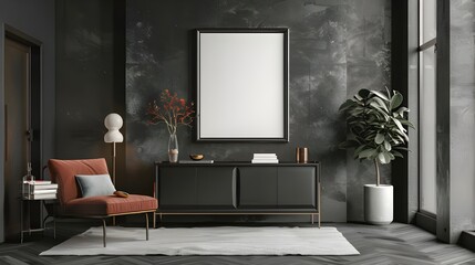 Mockup frame in living room interior with chair and decor,Scandinavian style.3d rendering, Mock up poster frame on cabinet in interior.3d rendering, Mock up poster frame in modern Ai generated 