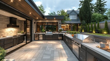 A minimalist patio kitchen boasts sleek stainless steel appliances and clean lines. Built-in grills, a prep sink, and ample counter space create a functional. Generative AI.
