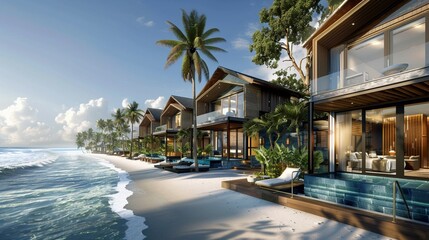 A row of highend pool villas at a tropical resort, each facing the gentle waves of a sandy beach AI Generate - obrazy, fototapety, plakaty