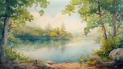 Obraz premium A tranquil lake scene, rendered in vertical pastel watercolors, evoking peace and stillness AI Generate