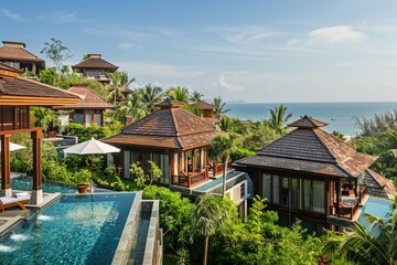 Obraz premium Luxury beach resort featuring secluded pool villas surrounded by tropical gardens and ocean breezes AI Generate