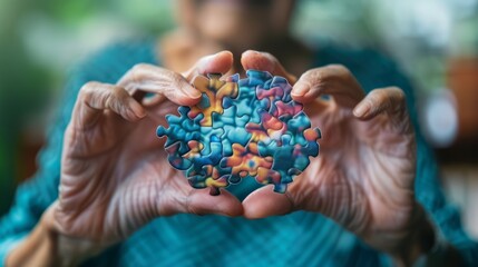 Elderly woman holds brain symbol of lost jigsaw puzzle World Alzheimer's disease, global mental health, memory loss Dementia Parkinson's disease