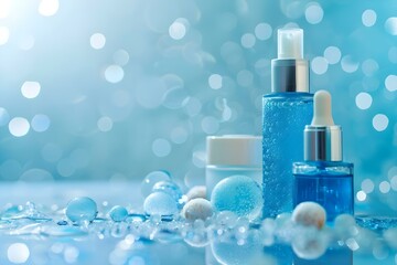 Blue serum and cream bottles with bubbles for skincare routine. Concept Skincare Routine, Blue Bottles, Bubbles, Serum, Cream