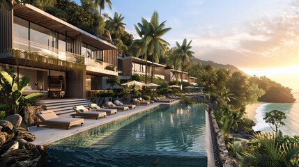 Luxury tropical resort with modern pool villas cascading towards a pristine, sunlit beach AI Generate