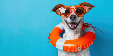 Summer holidays poster banner concept with copy paste place for text. Excited jack russel dog in dark sunglasses and inflatable circle smile do not look into screen on studio blue background