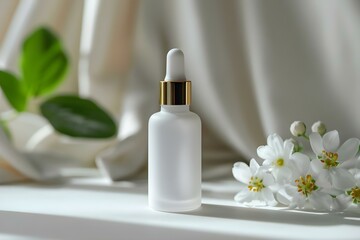 Obraz na płótnie Canvas Serum Bottle for Skincare: White Glass with Essential Oils and Collagen. Concept Skincare Ingredients, Glass Packaging, Anti-Aging Serums, Collagen Boosters, Essential Oils