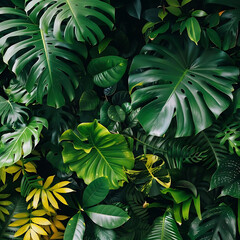 creative concept with green foliage and yellow flowers in the background - obrazy, fototapety, plakaty