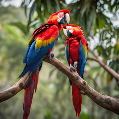 Two Scarlet Macaws perched on a tree branch, showcasing their feathers with a tropical background