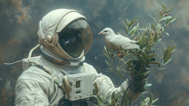 An astronaut on another planet kneels down to inspect a small white bird perched on his outstretched arm.