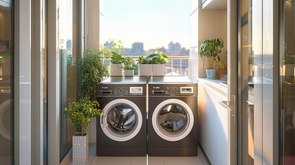 Minimalist balcony, minimalist, front 2 dark gray washing machines placed under, laundry cabinet. Generative AI.