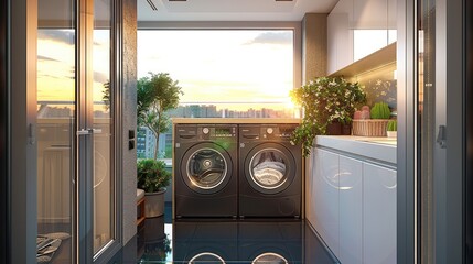 Minimalist balcony, minimalist, front 2 dark gray washing machines placed under, laundry cabinet. Generative AI.