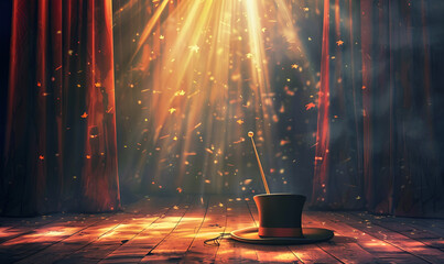 Craft an image of whimsy as a top hat and magic wand are strategically placed on a stage, surrounded by theatrical curtains. - obrazy, fototapety, plakaty