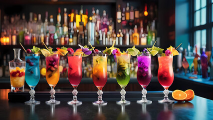 Create a visually stunning image that captures the artistry of mixology. Display a mesmerizing cocktail presentation with vibrant colors, meticulously crafted garnishes, and an ambiance that exudes so