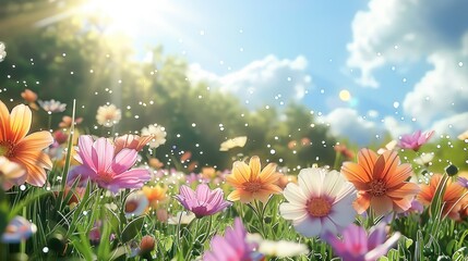 Sun-kissed meadow with dew-kissed flowers blooming under a gentle breeze. Generative AI.