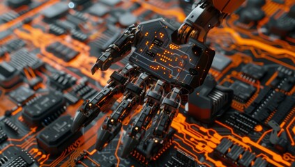 3d render of robot hands on circuit board - obrazy, fototapety, plakaty
