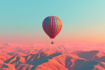 A colorful hot air balloon is floating over a desert landscape