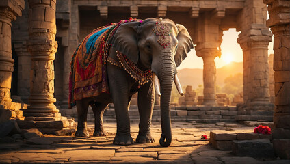 An elephant is standing in front of a temple.  - obrazy, fototapety, plakaty