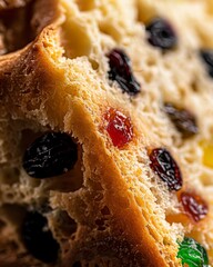 Extreme close-up of a fruitcake piece displaying its spongy texture with scattered candied fruits