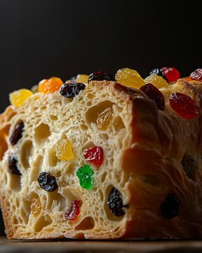 Detailed image showcasing the rich textures and colorful candied fruits of a traditional fruitcake