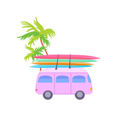 Isolated cute retro Lilac bus Colorful surfboards Vacation trip Tropical palm tree Flat vector print summer poster poster clothing paper
