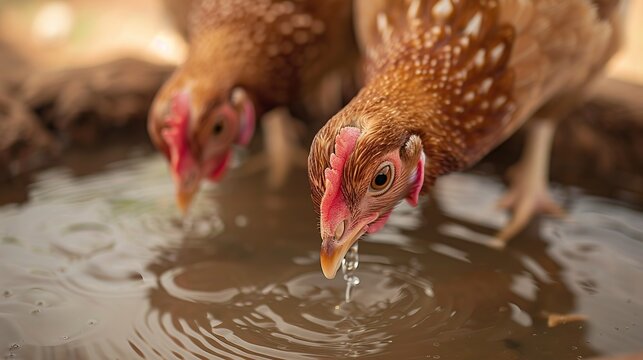 Chickens are drinking water in close farm, temperature and light control. copy space for text.