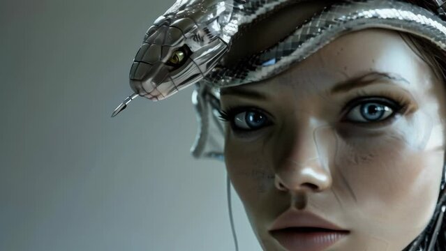 Striking blue eyes gaze through metallic snake adornments on the face. Blends human beauty with edgy, futuristic elements. Evokes a sense of mystery, technology, and an unconventional aesthetic.
