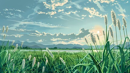 Sunshine and grass oil painting illustration poster background - obrazy, fototapety, plakaty